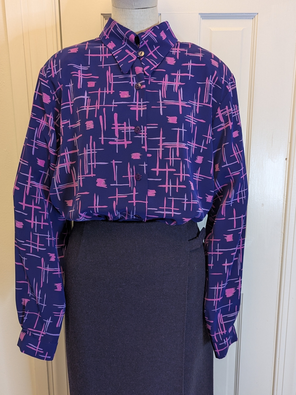 Doncaster Royal Purple Blouse with Pink And Lavender Abstract Grid Print
